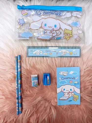 Estuche Escolar Cinnamoroll Kawaii – Set Completo Celeste con Lápices, Regla y Más