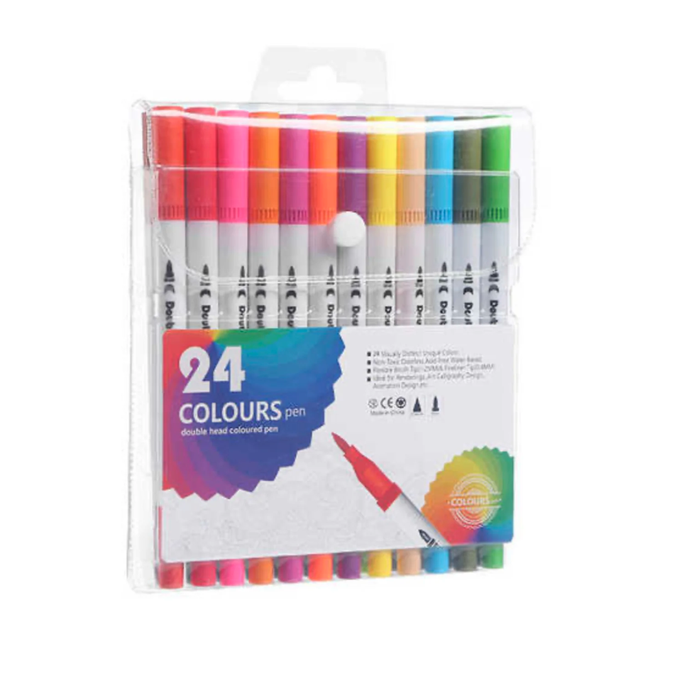 Plumones Punta Doble 24 Colores Punta Pincel Y Tiralíneas